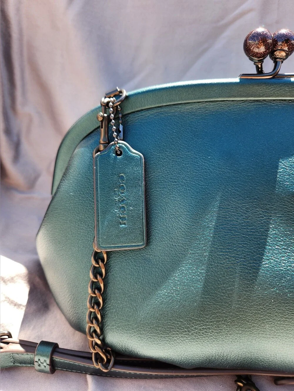 Coach Teal Metallic Leather Kiss-Lock Clutch - Picture 4 of 16